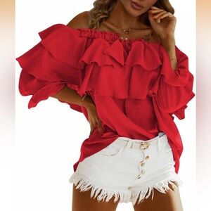 Elegant Red Ruffle Off-Shoulder Top, Size Large (US 12-14) NWOT